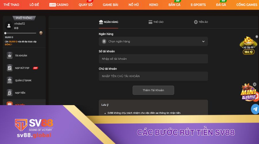 Các bước rút tiền tại SV88